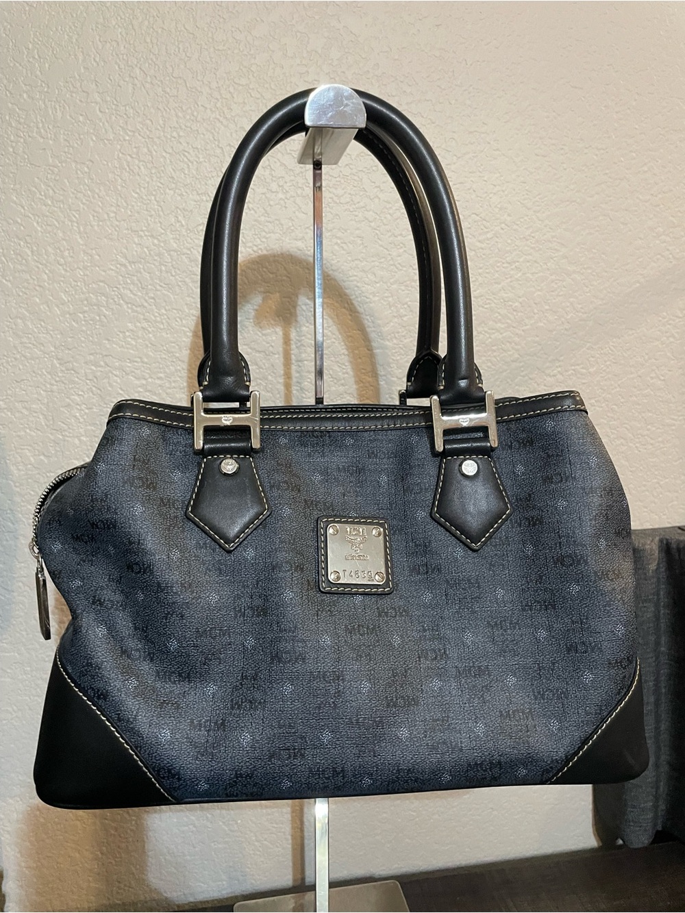 MCM Black Monogram Satchel with Top Handles